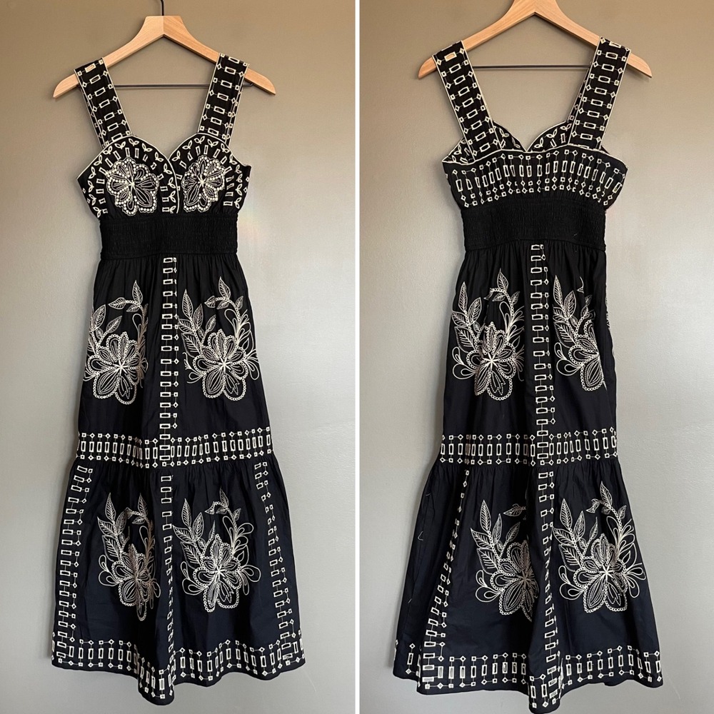 NWT Rails Fawn Dress XXS Black Ivory Embroidered Floral Cotton Tiered Maxi Chic - Picture 4 of 16